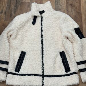 Women's Cream Sherpa Jacket with Black Leather Accents
